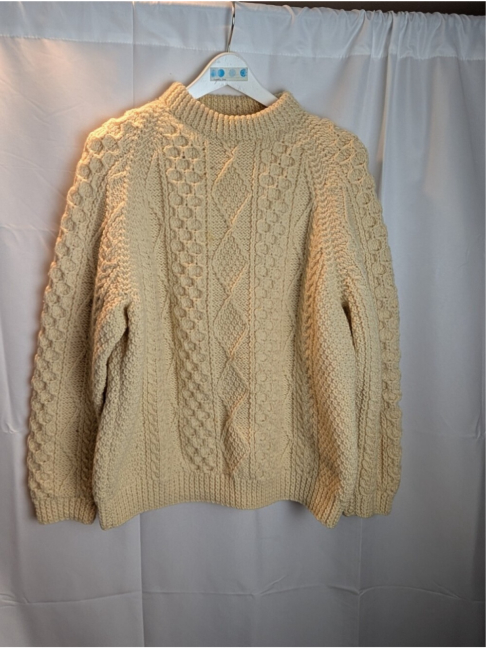 Glendhu Ireland Vintage Wool Fisherman Sweater Cream Aran Cable Knit Size XL